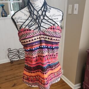 Island Escape Pink and Orange Halter Graphic SWIM Tank Top Never Worn